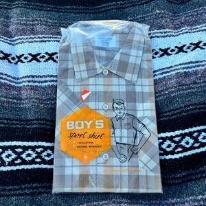 NWT VTG 70s EMPRESS BOYS SPORT SHIRT BROWN PLAID BUTTON DOWN SIZE 14